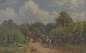 Country Track With Cows, Chickens And Two Children