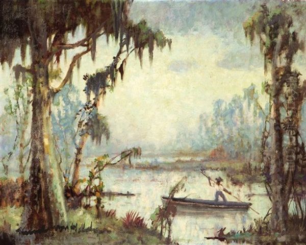 Louisiana Bayou With Fisherman In Pirogue - view 1