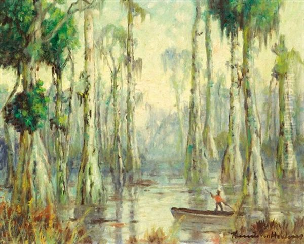 Louisiana Cypress Swamp With Fisherman In Pirogue - view 1