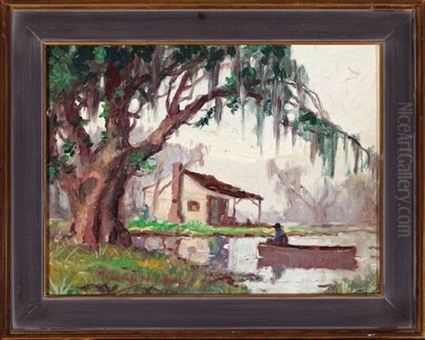 Cabin And Fisherman In A Pirogue, Louisiana Bayou - view 1
