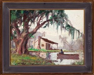 Cabin And Fisherman In A Pirogue, Louisiana Bayou