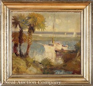 View Along The Coast, Sailboat At The Pier And Sable Palms by Knute Heldner