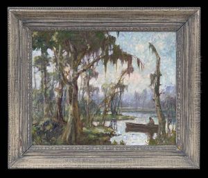 Louisiana Bayou With A Fisherman In A Pirogue by Knute Heldner