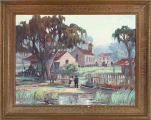 Louisiana Bayou Scene With Black Figures Arriving For Sunday Church