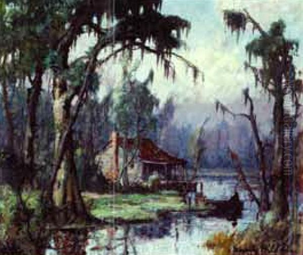 Louisiana Bayou With Cabin And Fisherman In A Pirogue - view 1
