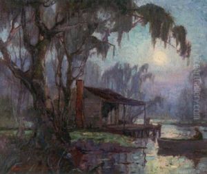 Moonlight Swamp With Cabin And Black Man In A Pirogue