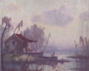 Bayou Scene With Fisherman And Cabin