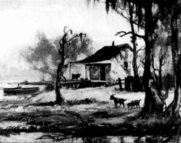 Cajun Shack With A Bull On The Porch And Goats Grazing, And A Fisherman Rowing Home - view 1