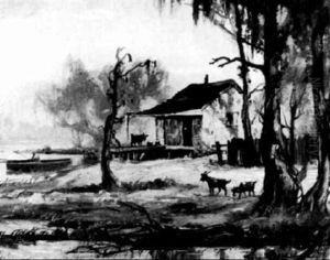 Cajun Shack With A Bull On The Porch And Goats Grazing, And A Fisherman Rowing Home by Knute Heldner
