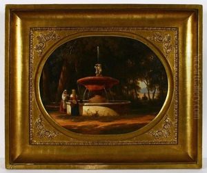 Brunnenanlage Vor Italienischer Waldlandschaft Mit Ausblick Auf Die Campagna Romana by Julius Helfft