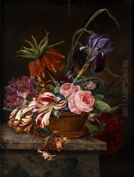 Parrot Tulips, Roses And Other Flowers In A Basket Upon A Stone Ledge - view 1