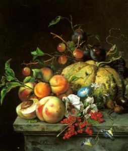 A Still Life With Fruit On A Ledge by Jeanne Marie Josephine Hellemans