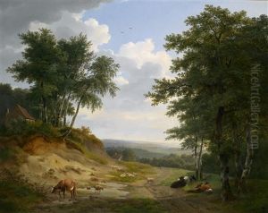 Tierherde Und Hirte Vor Einer Weiten Landschaft
