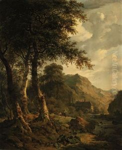 A Wooded Landscape With Figures Resting Near A Watermill