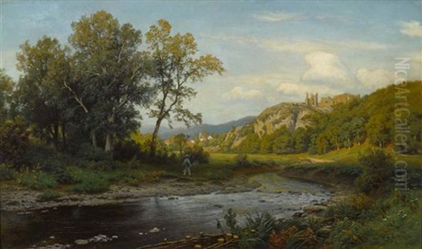 Flusslandschaft Mit Angler Und Burgruine - view 1