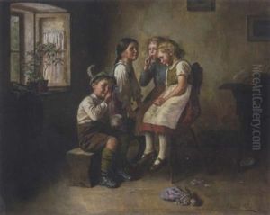 Seifenblasen - Vier Spielende Kinder In Der Stube by Oedon (Edmund) Heller