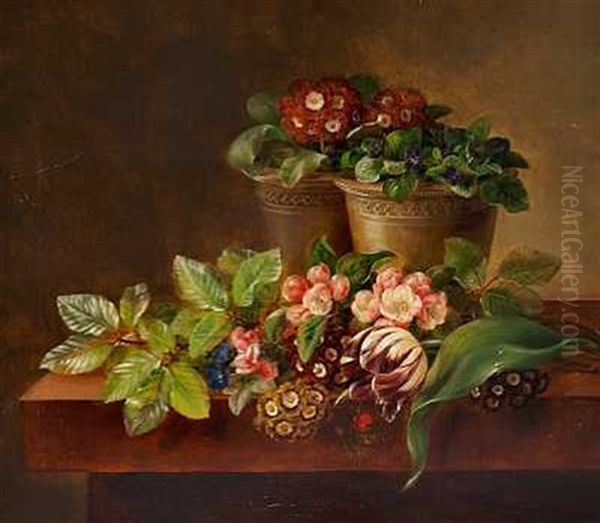 Opstilling Med Nyudsprungne Boge- Og Frugtgrene, Tulipan, Primulaer Og Violer Arrangeret Pa Et Bord - view 1