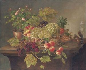 Grapes, Pineapple, Melon And Peaches In A Basket With A Squirrel And A Rosebush On A Table