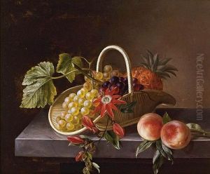 Still Life Of Fruit And Flowers In A Basket And Peaches, All Resting On A Marble Ledge