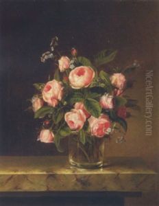Pink Roses And Forget-me-nots In A Glass On A Marble Ledge by Hanne Hellesen