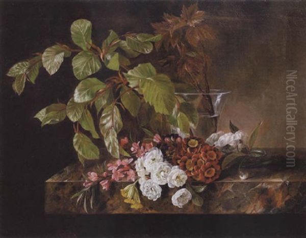 Blomstrende Frugtgrene, Aurikler Og Kodriver Pa En Marmorkarm - view 1