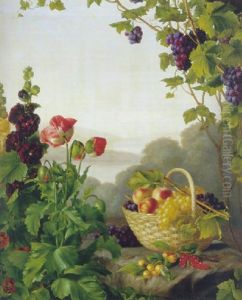 Kurv Med Ferskner, Vindruer, Kirsebaer Og Ribs Pa En Sten, Voksende Stokroser Og Valmuer by Hanne Hellesen