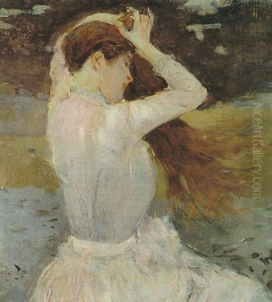 A Young Beauty Brushing Her Hair - view 1