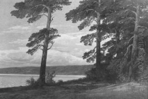Pine Trees By A Lake At Sunset by Rudolf Hellgrewe