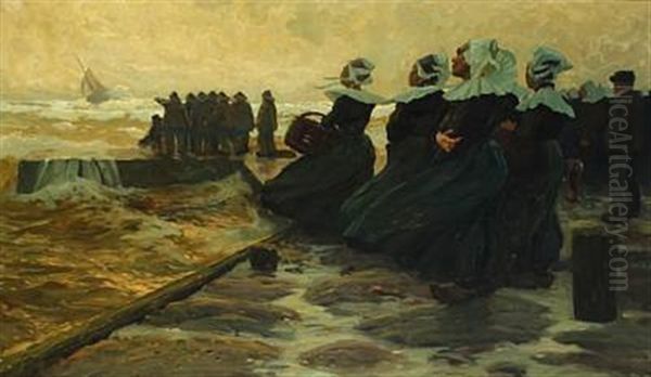 Coastal Scenery With Distress Ship, Mole With Fishermen And Women In National Dress - view 1