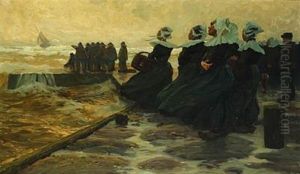 Coastal Scenery With Distress Ship, Mole With Fishermen And Women In National Dress