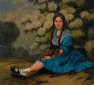 Portrait Eines Madchens Im Blauen Kleid, Vor Weisem Rhododendronbusch Sitzend