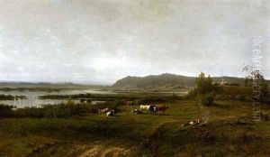 Kleines Hirtenpaar Mit Kuhen Am Wasser by Emil Hellrath