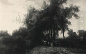 Bauernpaar Mit Ihrem Vieh In Flusslandschaft by Emil Hellrath