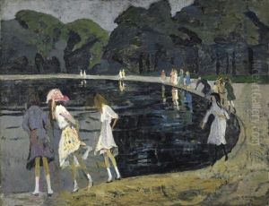Im Park. Madchen Am Ufer Eines Sees by Rudolf Hellwag