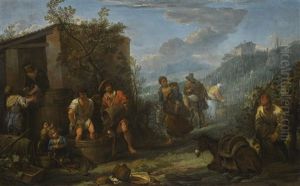 Landscape With Peasants Harvesting Grapes by Dirk Theodoor Helmbreker