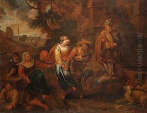 Figures Dancing And Merrymaking Before A Town by Dirk Theodoor Helmbreker