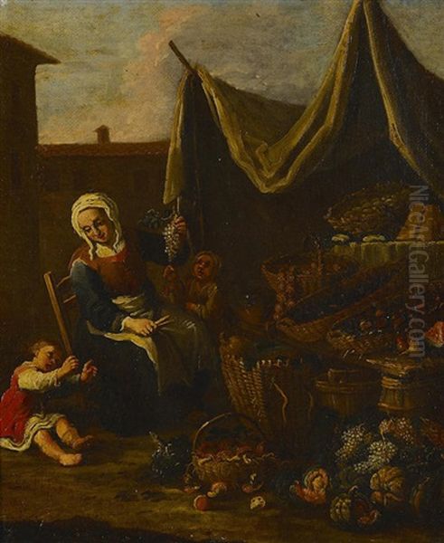 A Market Scene, Also A Companion Painting (a Pair) - view 1