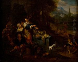 Sosta Di Contadini Presso Un Rudere Antico (scena Di Genere)(+ Danza Di Contadini In Un Paesaggio (scena Di Genere); Pair)(genre Scenes) by Dirk Theodoor Helmbreker