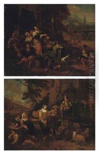 A Classical Wooded River Landscape With Peasants Selling Fruit Beneath A Fountain (+ A Classical Landscape With Peasants Merry Making; Pair) by Dirk Theodoor Helmbreker