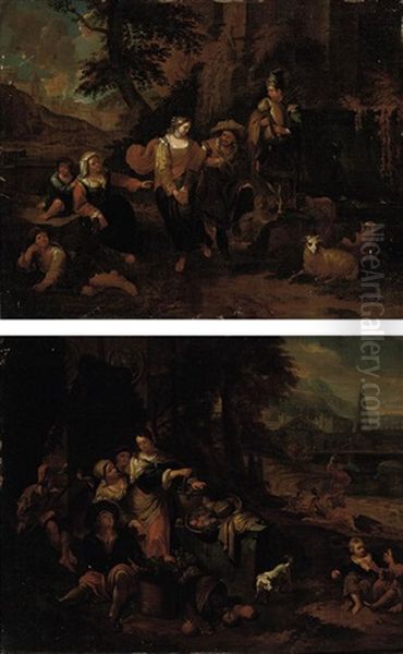 A Classical Wooded River Landscape With Peasants Selling Fruit Beneath A Fountain (+ A Classical Landscape With Peasants Merry Making; Pair) - view 1