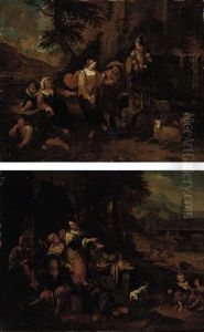 A Classical Wooded River Landscape With Peasants Selling Fruit Beneath A Fountain (+ A Classical Landscape With Peasants Merry Making; Pair) by Dirk Theodoor Helmbreker