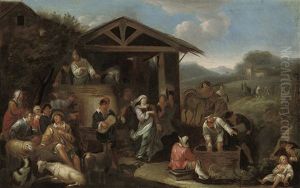 An Italianate Landscape With Peasants by Dirk Theodoor Helmbreker
