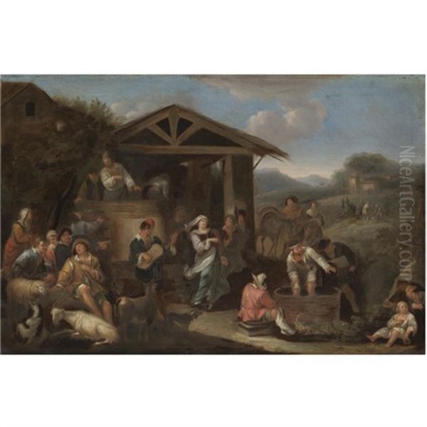 An Italianate Landscape With Peasants Making Merry And Pressing Grapes - view 1