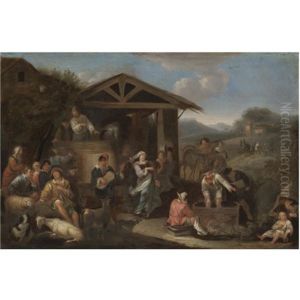 An Italianate Landscape With Peasants Making Merry And Pressing Grapes by Dirk Theodoor Helmbreker
