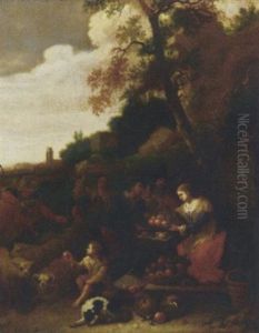 A Fruit-seller In A Wooded Landscape by Dirk Theodoor Helmbreker