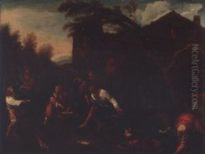 Peasants Feasting Outside A Tavern With A Beggar Woman, Her Baby And Son by Dirk Theodoor Helmbreker
