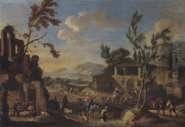 A Village With Peasants Herding Cattle, A Mountainous Landscape Beyond - view 1