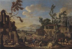 A Village With Peasants Herding Cattle, A Mountainous Landscape Beyond by Dirk Theodoor Helmbreker