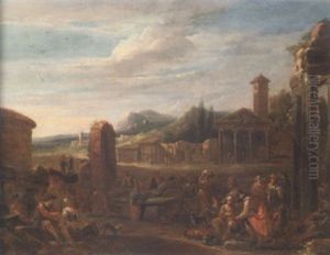 An Italianate Landscape With A Fruitseller, Travellers And Peasants By A Fountain, A Church With A Classical Temple Front And Mountains Beyond by Dirk Theodoor Helmbreker