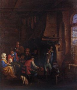 Peassants Gathered At A Fireside In An Interior by Dirk Theodoor Helmbreker